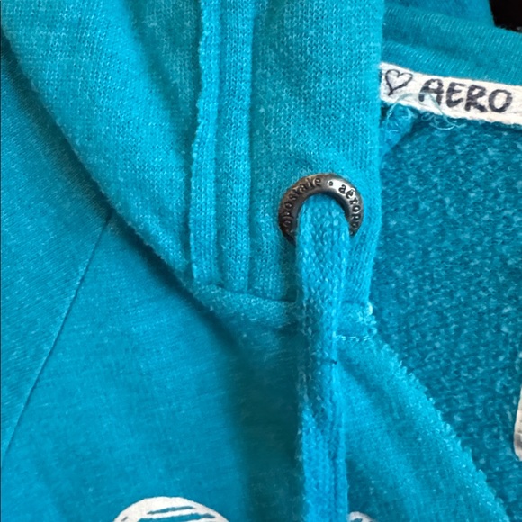 Aero Turquoise Blue Hooded Pullover Sweatshirt with Bulldog Heart & Peace Sign - Picture 4 of 7